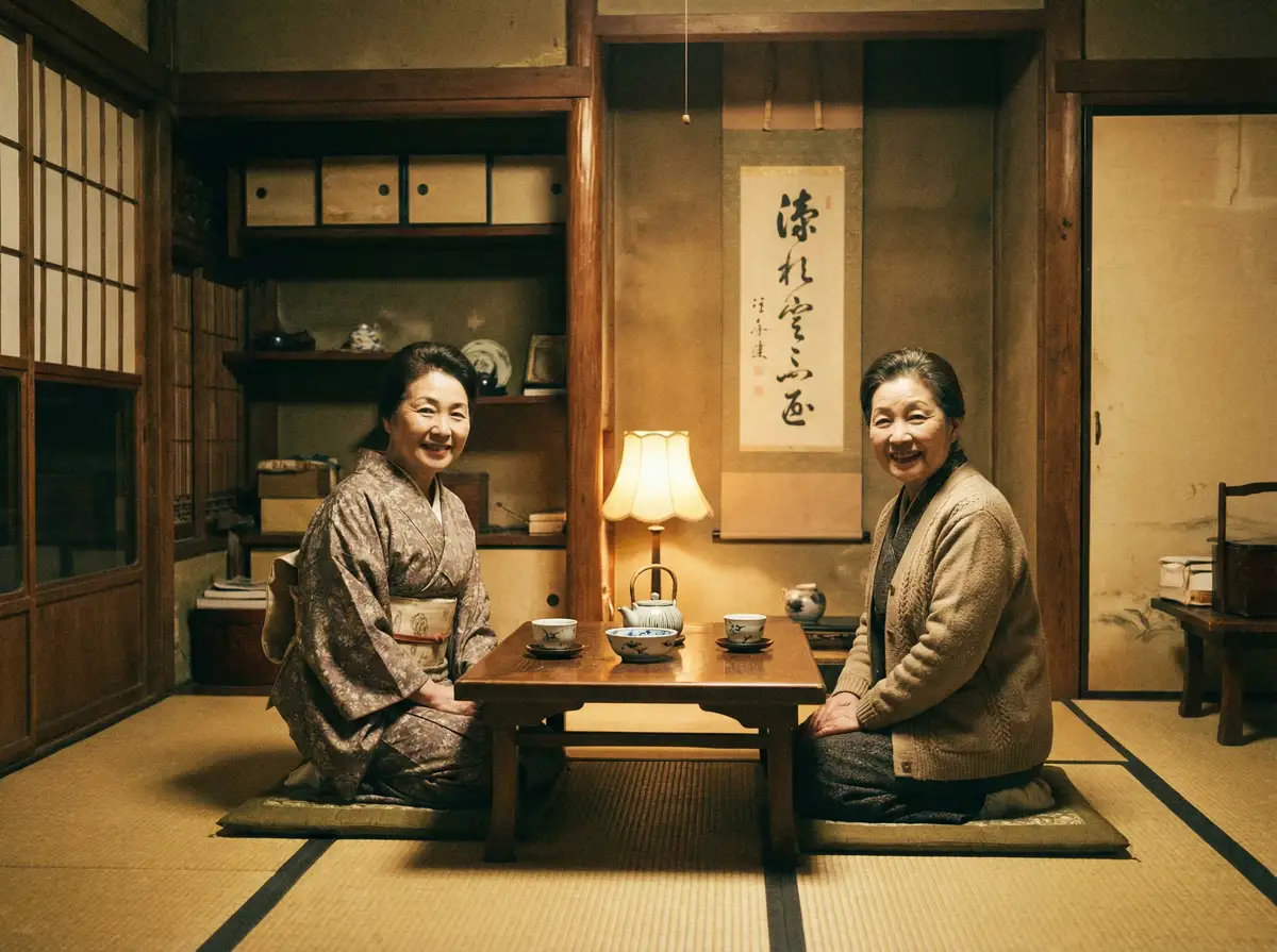 两位优雅的 优德体育平台 在日式茶室中品茶交谈